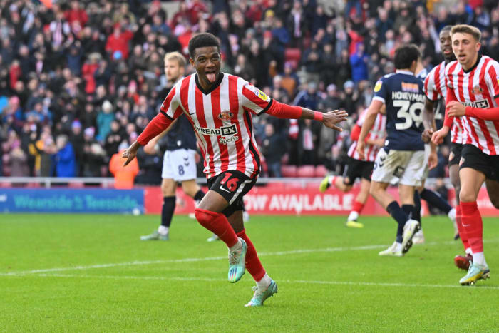 Amad Diallo celebrates against Millwall. Credit: Malcolm Mackenzie